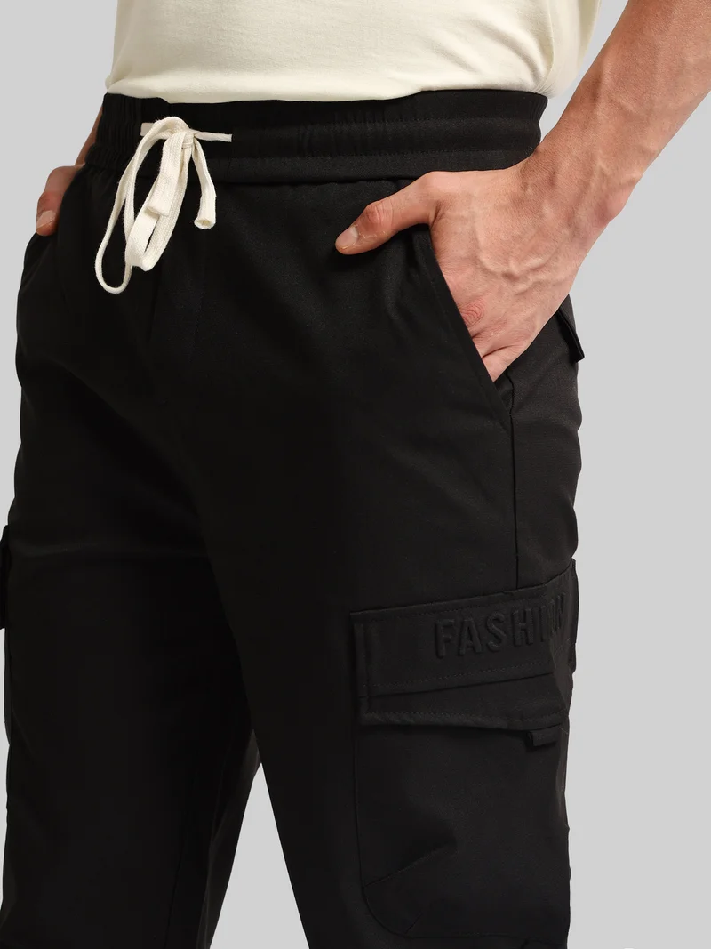 Maniac  Maniac Mens Emboassed Pocket Black Cotton Blend Baggy Cargo Pant for Men | Best Price UAE