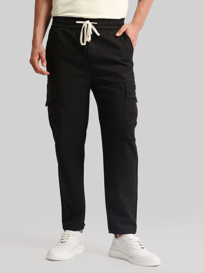 Maniac Mens Emboassed Pocket Black Cotton Blend Baggy Cargo Pant
