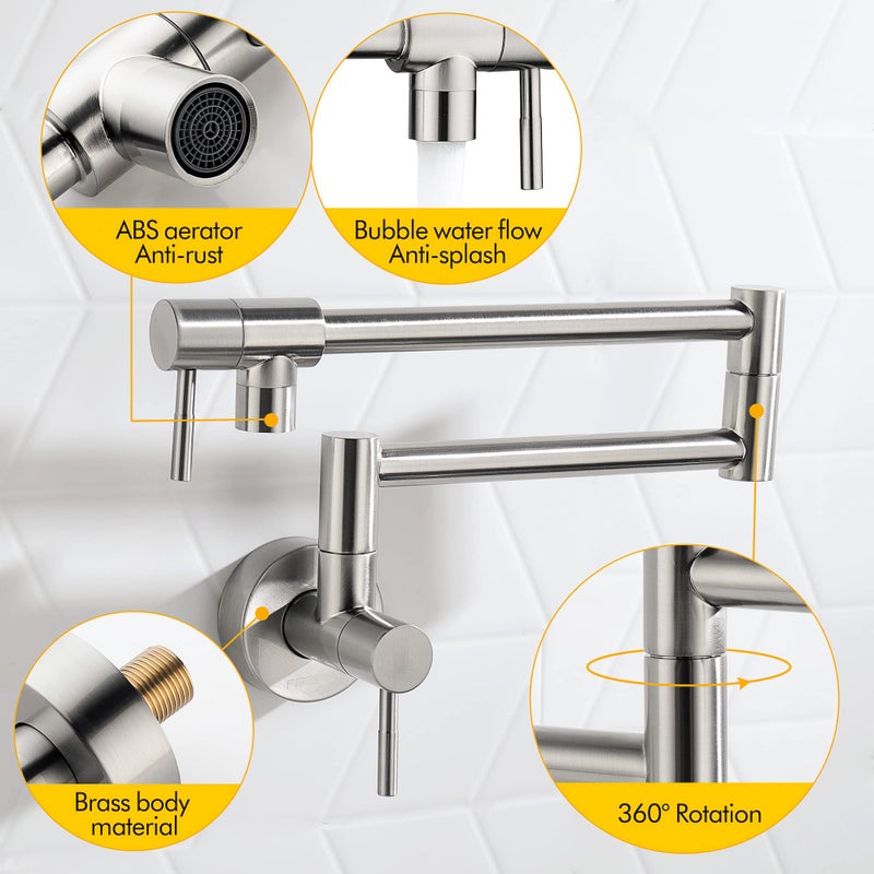 Fransiton Brushed Nickel Pot Filler  Pot Filler Faucet Wall Mount  Brass Folding Stretchable With Double Joint Swing Arm Single Hole Two Handles Kitchen Restaurant - Image 3