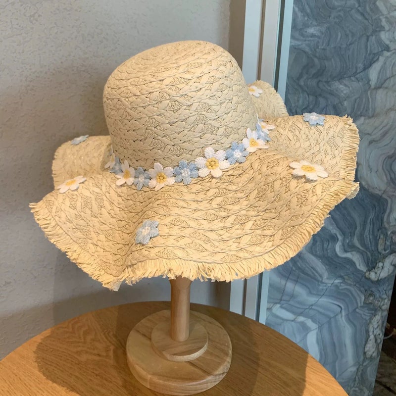 Summer Casual Straw Hat with Lace Trim - Sun Protection & Breathable Wide Brim Hat for Beach Outdoor
