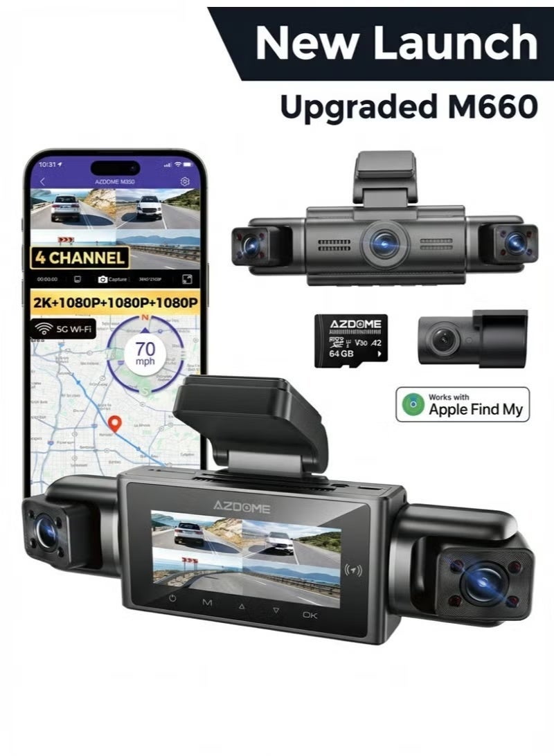 أزدوم كاميرا داش كام M350 (الجيل الأحدث من M660) رباعية القنوات بدقة 2K أمامي + 1K خلفي + 1K+1K داخلي، تدعم Apple Find My، مزودة بمكثف فائق، مستشعر تصوير متطور، GPS، واي فاي 5G، تحكم صوتي، ومراقبة مواقف 24 ساعة - Image 4