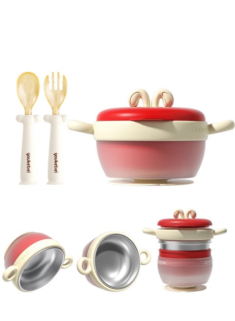 Temperature-Sensitive Stainless Steel Baby Bowl Set, Water Filled And Insulated, Drop And Scald Resistant, Fork And Spoon Included,Red