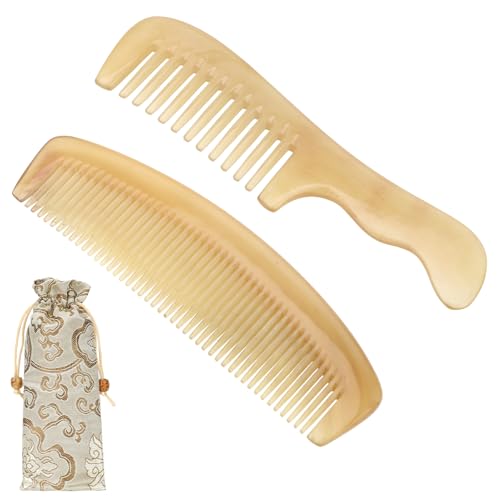 kilofly Genuine No Static Natural Sheep Horn Comb [Set of 2] + Carrying Pouch - Image 1