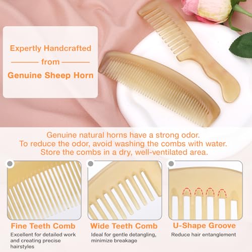 kilofly Genuine No Static Natural Sheep Horn Comb [Set of 2] + Carrying Pouch - Image 3