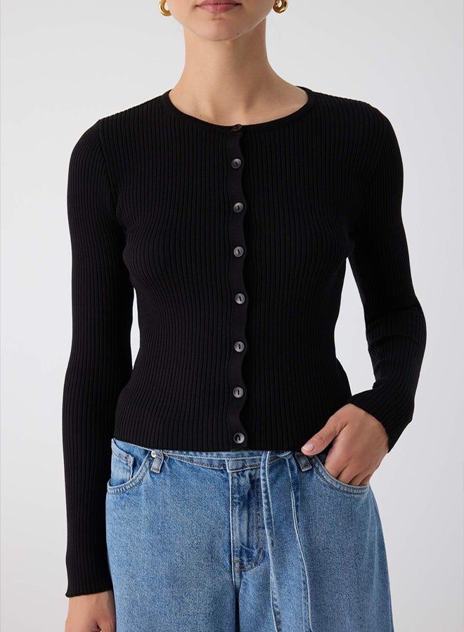 trendyol Black Mercerized Look Ribbed Knitwear Cardigan - Image 3