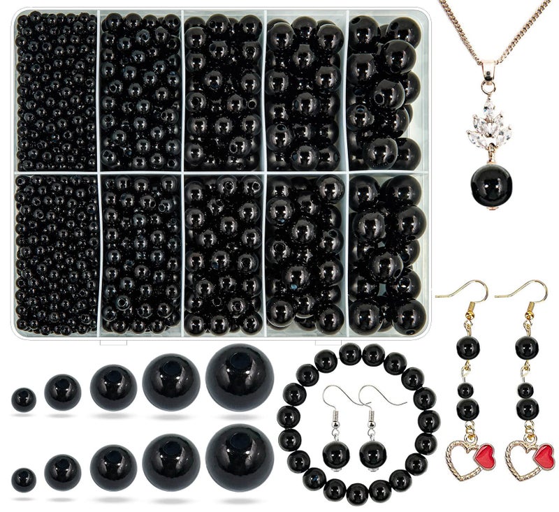 Wavlakth Black Pearl Beads for Jewelry Making, 1750pcs Black Pearl Craft Bead with Hole 4mm 6mm 8mm 10mm 12mm Loose Spacer Bead for Necklace Bracelet Earrings Ring Choker Wedding Dress Decor - Image 1