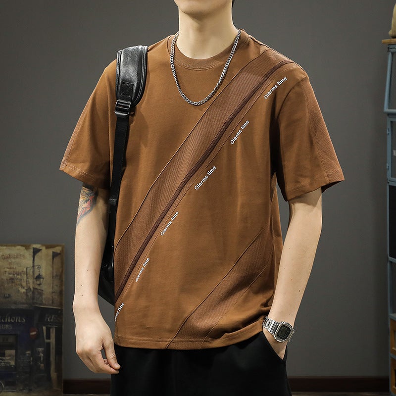 American Fashion Brand Stitching Contrast Color Short Sleeve T-Shirt Men'S Loose Plus Size Summer Printed Round Neck Half Sleeve Cotton Bottoming Shirt - Image 5