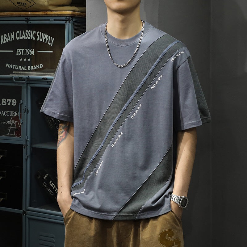 American Fashion Brand Stitching Contrast Color Short Sleeve T-Shirt Men'S Loose Plus Size Summer Printed Round Neck Half Sleeve Cotton Bottoming Shirt - Image 2