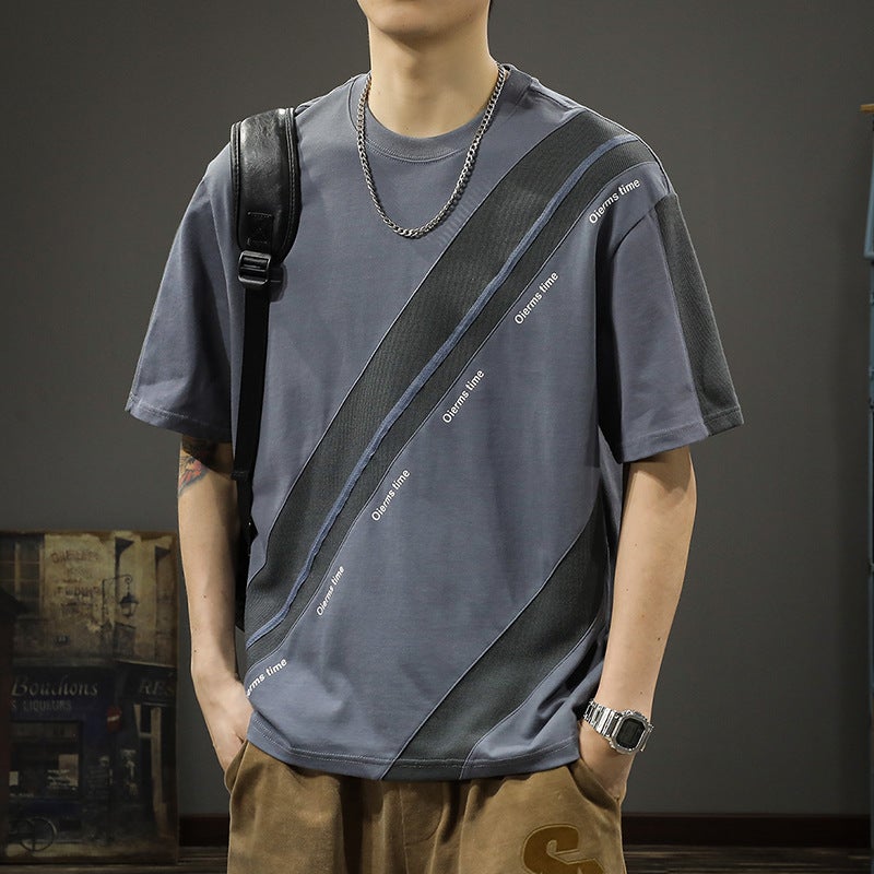 American Fashion Brand Stitching Contrast Color Short Sleeve T-Shirt Men'S Loose Plus Size Summer Printed Round Neck Half Sleeve Cotton Bottoming Shirt - Image 4