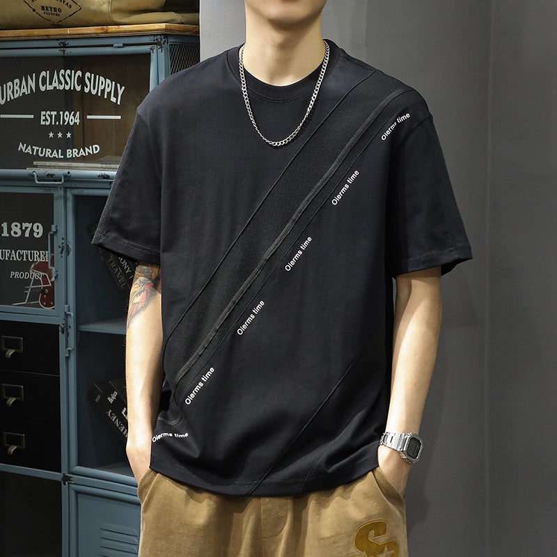 American Fashion Brand Stitching Contrast Color Short Sleeve T-Shirt Men'S Loose Plus Size Summer Printed Round Neck Half Sleeve Cotton Bottoming Shirt - Image 1
