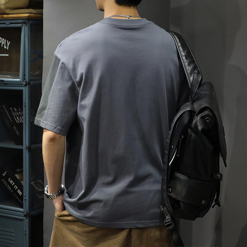 American Fashion Brand Stitching Contrast Color Short Sleeve T-Shirt Men'S Loose Plus Size Summer Printed Round Neck Half Sleeve Cotton Bottoming Shirt - Image 3
