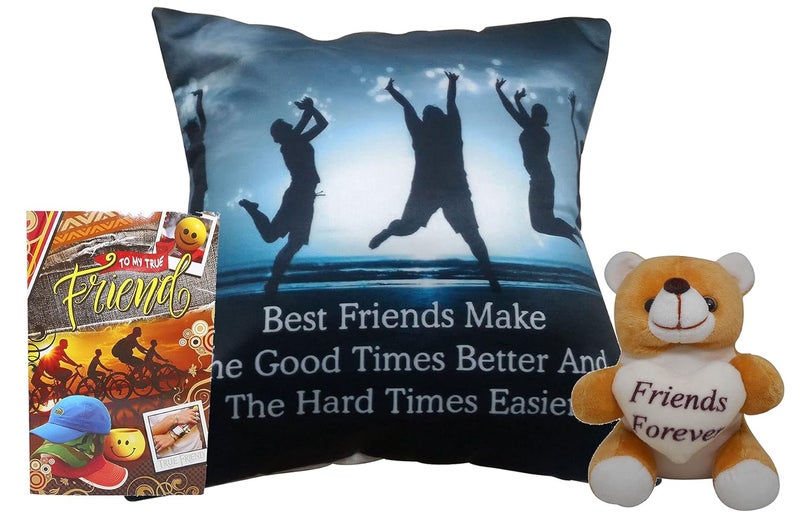 Saugat Traders Gift for Friend - Printed Cushion with Filler, Soft Toy & Greeting Card - Gift for Friend-Girls-School Friend-Best Friend-Birthday Gift - Image 1