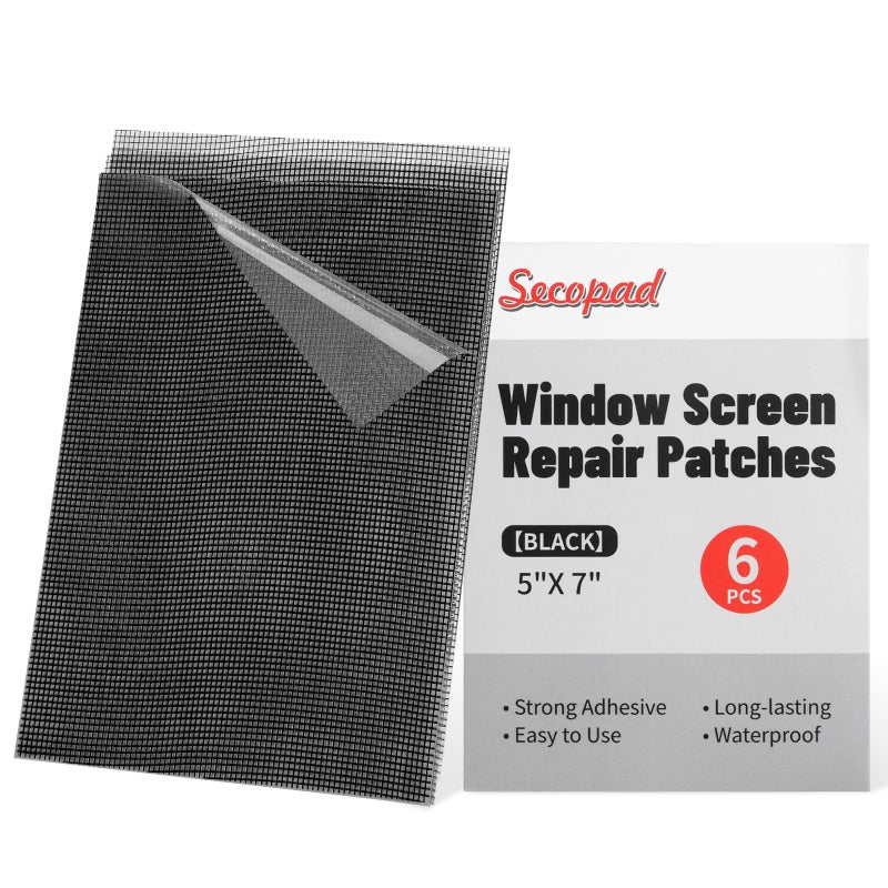 Secopad 5" x 7" Black/Grey Screen Repair Kit, 6 PCS Window Screen Patch Repair Tape for Mesh Window Door, Strong Adhesive Fiberglass Mesh Pacth Tape - Image 1