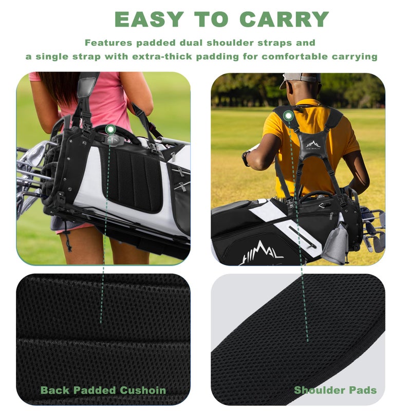 UNIHIMAL 14-Way Golf Stand Bag, Premium Lightweight Golf Bag, Interchangeable PE-Padded Straps & Stabilizing Kickstand - Plush-Lined Top with Waterproof Cover, Pure Black-White - Image 5