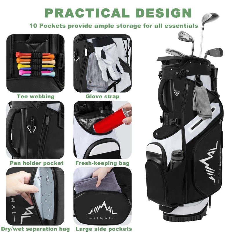 UNIHIMAL 14-Way Golf Stand Bag, Premium Lightweight Golf Bag, Interchangeable PE-Padded Straps & Stabilizing Kickstand - Plush-Lined Top with Waterproof Cover, Pure Black-White - Image 3