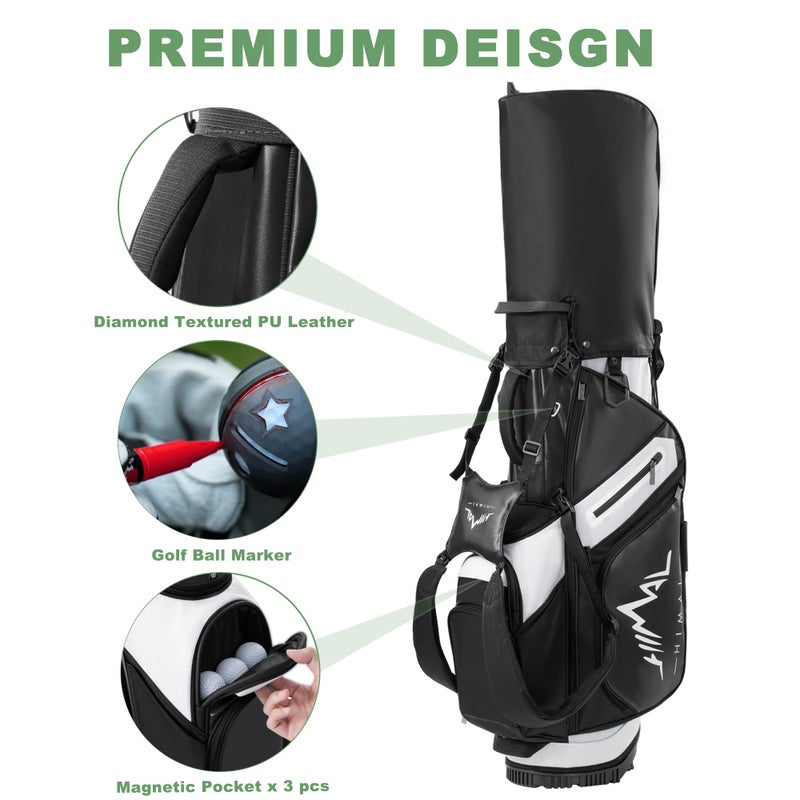 UNIHIMAL 14-Way Golf Stand Bag, Premium Lightweight Golf Bag, Interchangeable PE-Padded Straps & Stabilizing Kickstand - Plush-Lined Top with Waterproof Cover, Pure Black-White - Image 4
