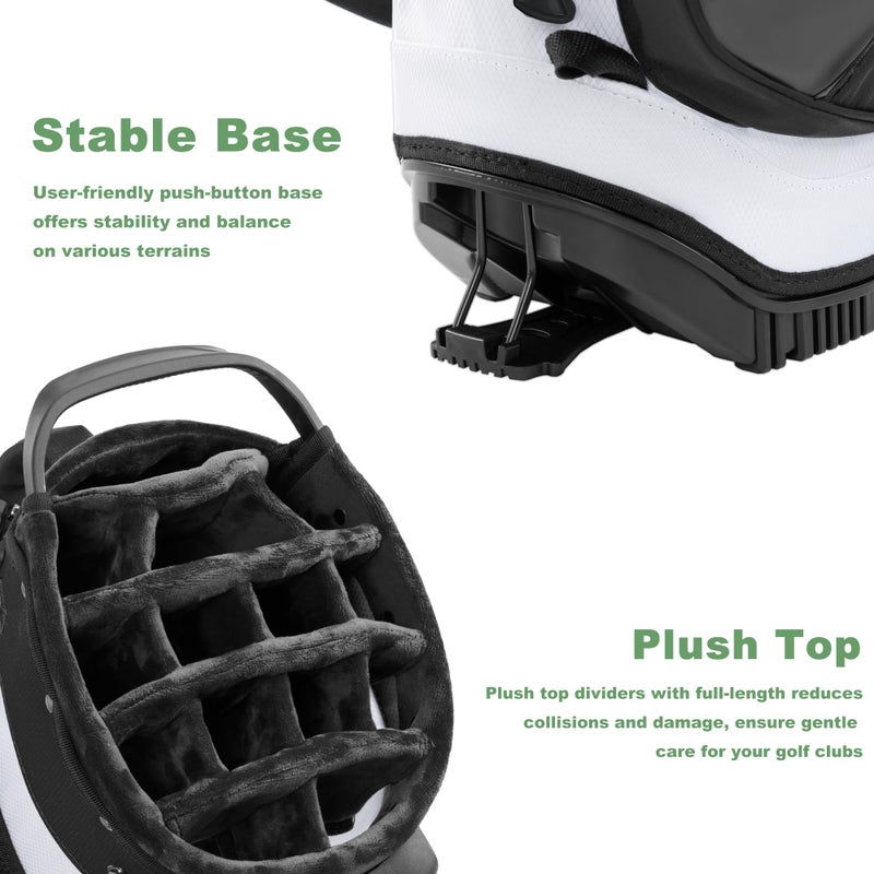 UNIHIMAL 14-Way Golf Stand Bag, Premium Lightweight Golf Bag, Interchangeable PE-Padded Straps & Stabilizing Kickstand - Plush-Lined Top with Waterproof Cover, Pure Black-White - Image 2