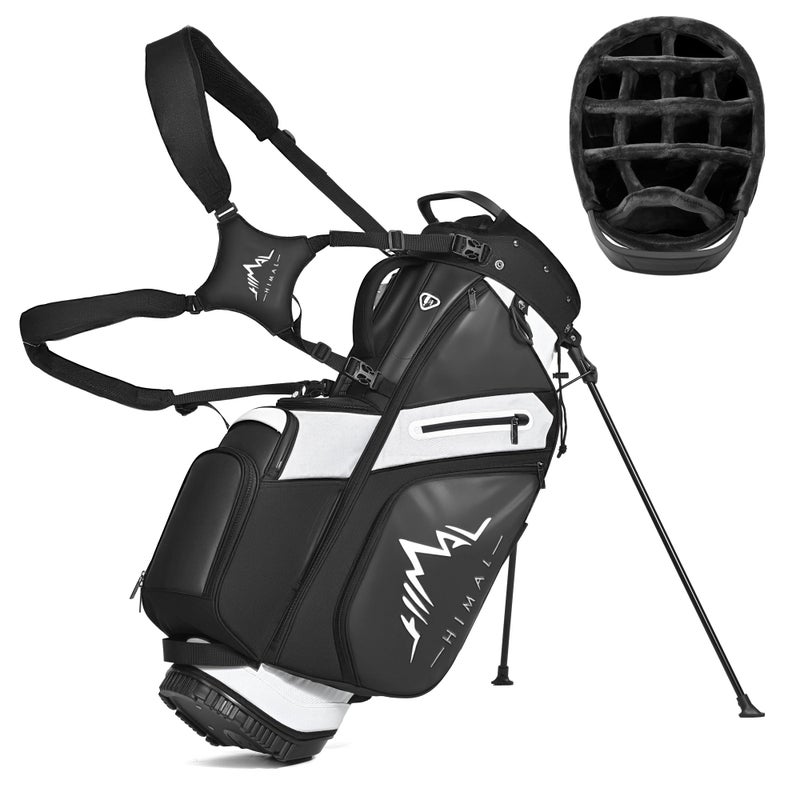 UNIHIMAL 14-Way Golf Stand Bag, Premium Lightweight Golf Bag, Interchangeable PE-Padded Straps & Stabilizing Kickstand - Plush-Lined Top with Waterproof Cover, Pure Black-White - Image 1