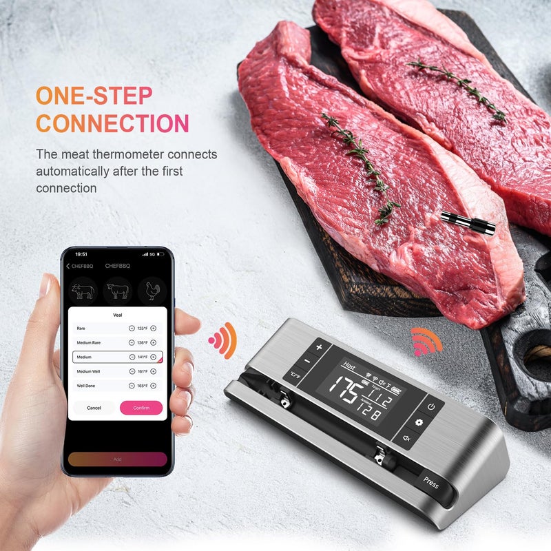 Dewjom Wireless Smart Meat Thermometer with Dual-Sensor Probe, 500FT Remote Monitoring, Dedicated App, Real-Time Ambient and Food Temperature Tracking for Precise Cooking Control - Image 2