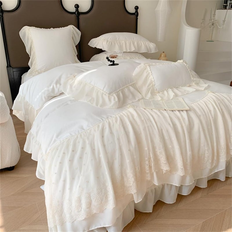 IHOUSTRIY Lace Duvet Cover Queen Size, Chiffon Ruffled Beddding Set with Flower, 3 Pieces Comforter Cover Set with Zipper Closure, Girl Princess Bedding with Pillowcase - White, Queen - Image 2