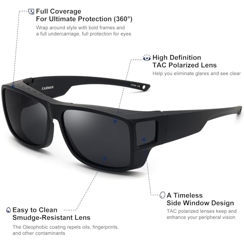 CAXMAN Fit Over Glasses Sunglasses Polarized Wrap Around Sunglasses with Side Window Shields for Men Women Full Protection Matte Black Frames Cat.4 Dark Black Lens 100% UV Protection - Image 3