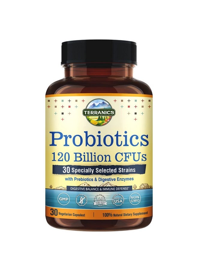 Terranics - Probiotics 120 Billion With Prebiotics & Digestive Enzymes 30 Tested Strains Complete Digestion & Immune Support Nongmo No Soy Dairy & Gluten For Men And Women 30 Veggie Capsules - Image 1