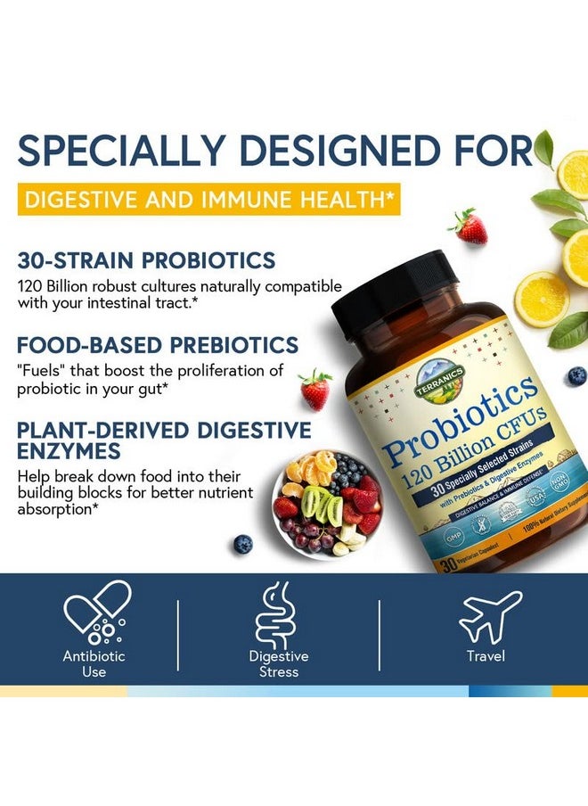 Terranics - Probiotics 120 Billion With Prebiotics & Digestive Enzymes 30 Tested Strains Complete Digestion & Immune Support Nongmo No Soy Dairy & Gluten For Men And Women 30 Veggie Capsules - Image 1