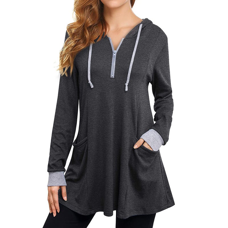 2022 Autumn Hooded Loose Womens Colorblock Long Sleeve Tee Gray Gray - Image 5