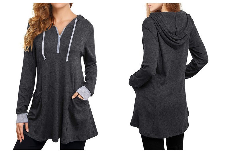 2022 Autumn Hooded Loose Womens Colorblock Long Sleeve Tee Gray Gray - Image 1