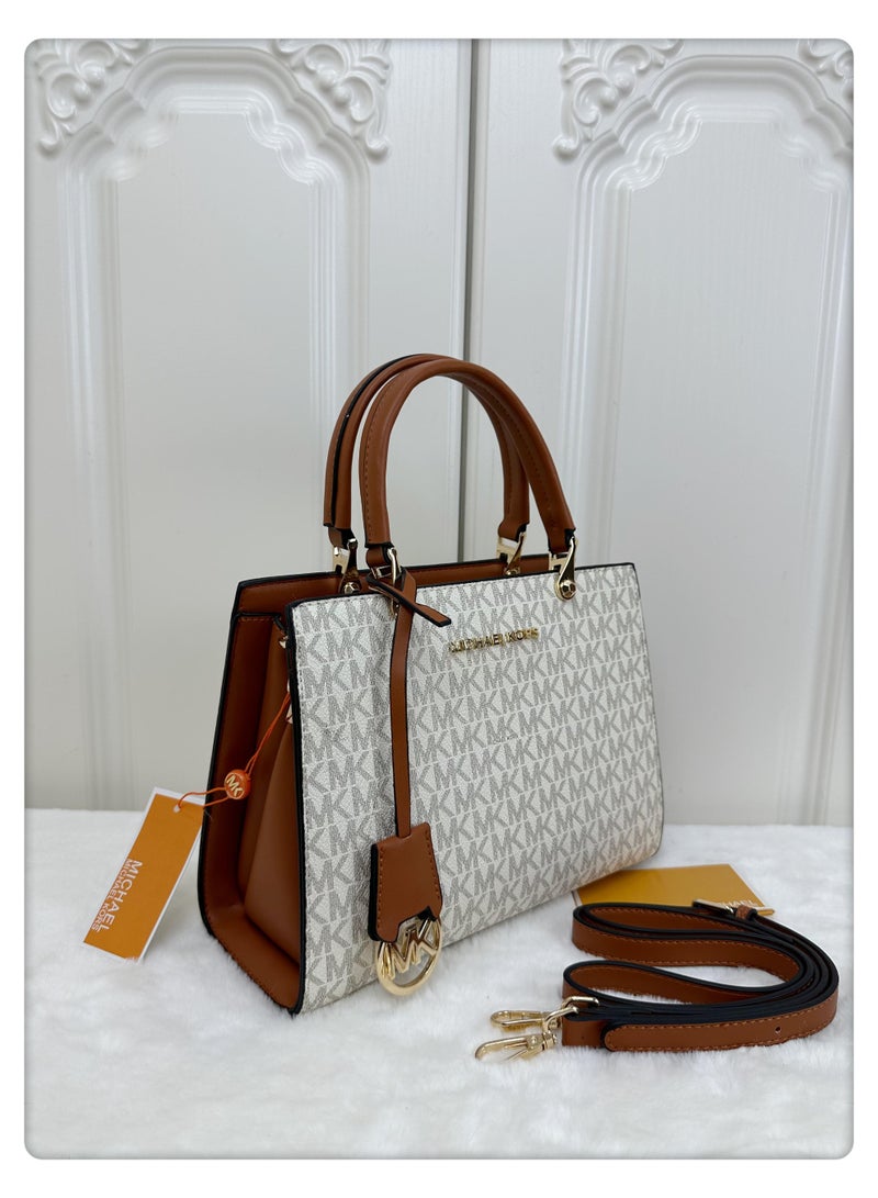 MK Michael Kors Jet Set Signature Logo Satchel Bag – White/Brown