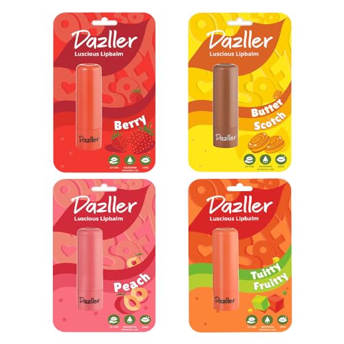 Dazller Luscious Lipbalm, 4G, Bonanza Pack of 4, Lip Care Essential, Glossy Tint, Soft and Nourished Lips All Day, No Discolouration, Vegan & Cruelty-Free, Multicolor - Image 1