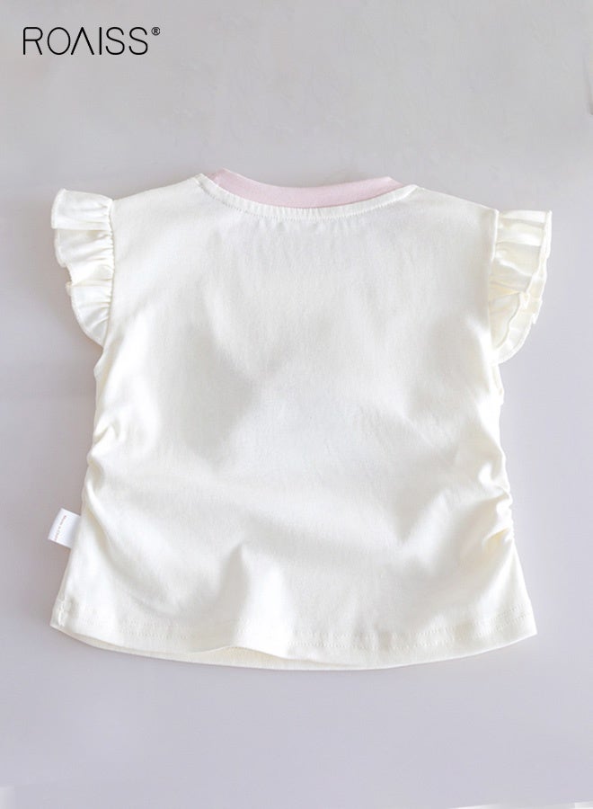 roaiss Girls Summer T Shirt, Ruffle Sleeve Round Neck T-shirt with Rabbit Pattern, Skin-friendly Breathable Tops for Girls, Suitable for Daily Wear or Any Occasion - Image 2
