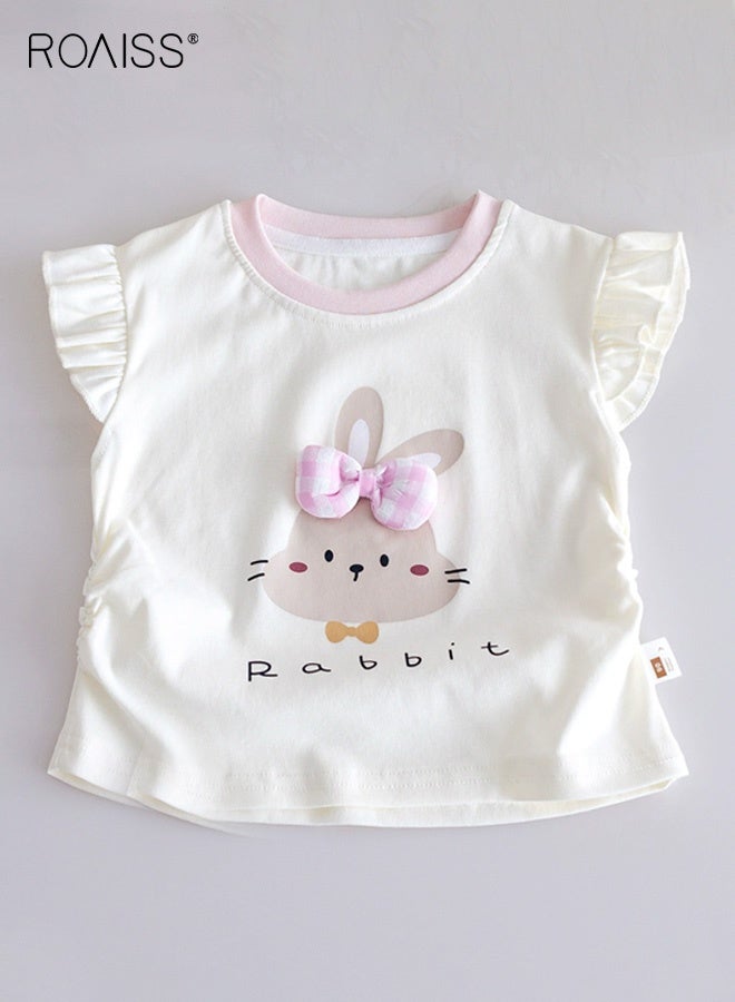 roaiss Girls Summer T Shirt, Ruffle Sleeve Round Neck T-shirt with Rabbit Pattern, Skin-friendly Breathable Tops for Girls, Suitable for Daily Wear or Any Occasion - Image 1