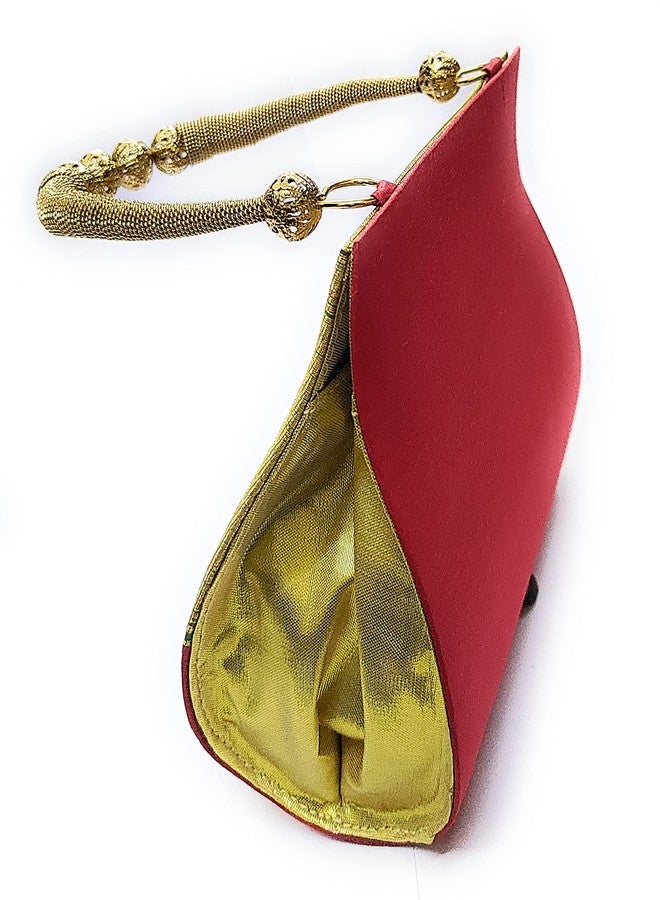 ADD GEAR Paithani Boat Purse with Handle - Ethnic & Traditional Semi Paithani Silk Magnetic snap clutch Handbag for Women (19 x 17 x 8 cm) (Red) - Image 4