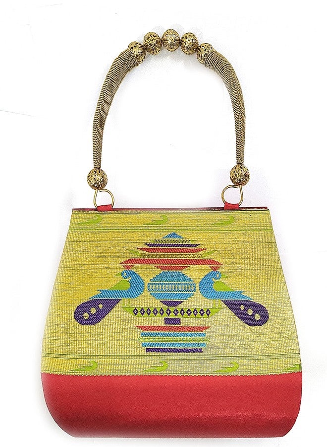 ADD GEAR Paithani Boat Purse with Handle - Ethnic & Traditional Semi Paithani Silk Magnetic snap clutch Handbag for Women (19 x 17 x 8 cm) (Red) - Image 2