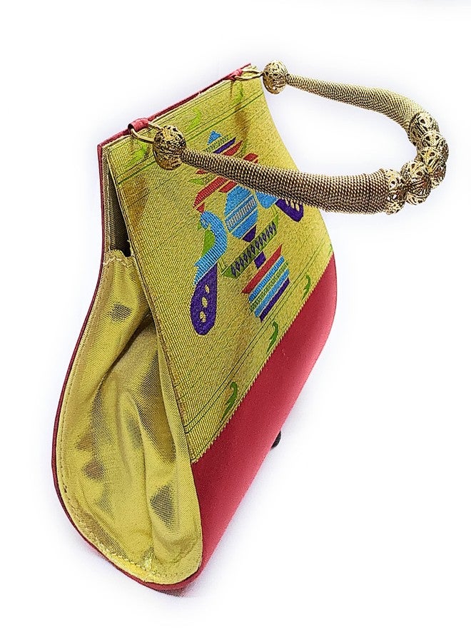 ADD GEAR Paithani Boat Purse with Handle - Ethnic & Traditional Semi Paithani Silk Magnetic snap clutch Handbag for Women (19 x 17 x 8 cm) (Red) - Image 3