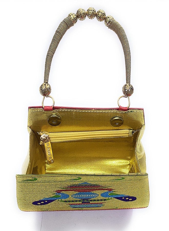 ADD GEAR Paithani Boat Purse with Handle - Ethnic & Traditional Semi Paithani Silk Magnetic snap clutch Handbag for Women (19 x 17 x 8 cm) (Red) - Image 5