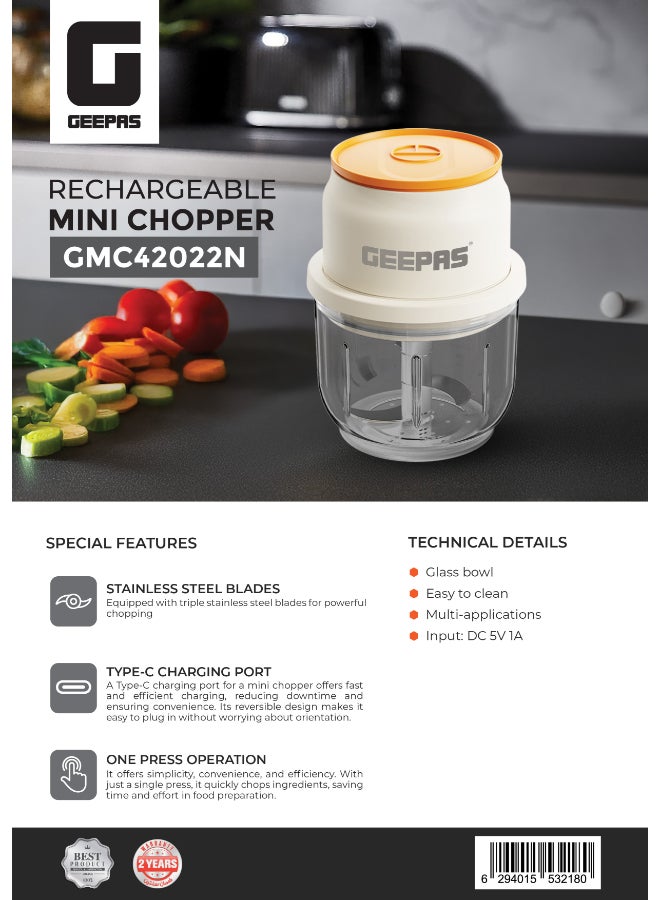 GEEPAS Wireless Mini Food Chopper - Portable Food Cutter Mincer for Dicing, Ginger, Chili, Fruits, Onions, Vegetable | Stainless Steel Blades, LED Indication,USB Rechargeable And Portable 300 ML | 2 Years Warranty 300 ml 1 W GMC42022 White - Image 5