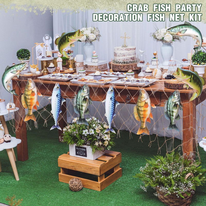 Silipull 11 Pcs Gone Fishing Party Decorations Kit Fishing Net Cute Cardstock Photo Prop for Birthday Sea Animal Indoor Outdoor Dessert Table Party Supply - Image 4