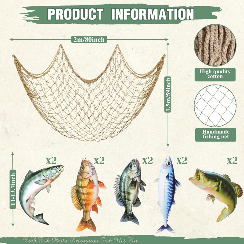 Silipull 11 Pcs Gone Fishing Party Decorations Kit Fishing Net Cute Cardstock Photo Prop for Birthday Sea Animal Indoor Outdoor Dessert Table Party Supply - Image 3