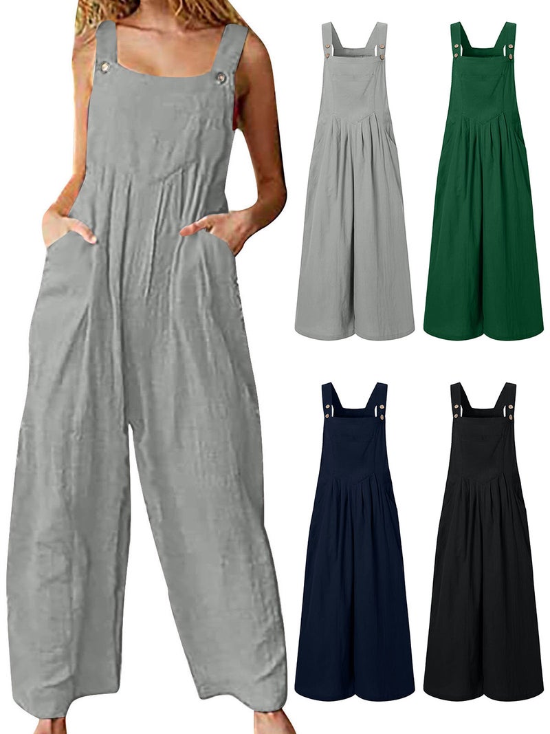 Women Jumpsuit with Pockets Sleeveless Wide Legs Plus Size Overalls - Image 4