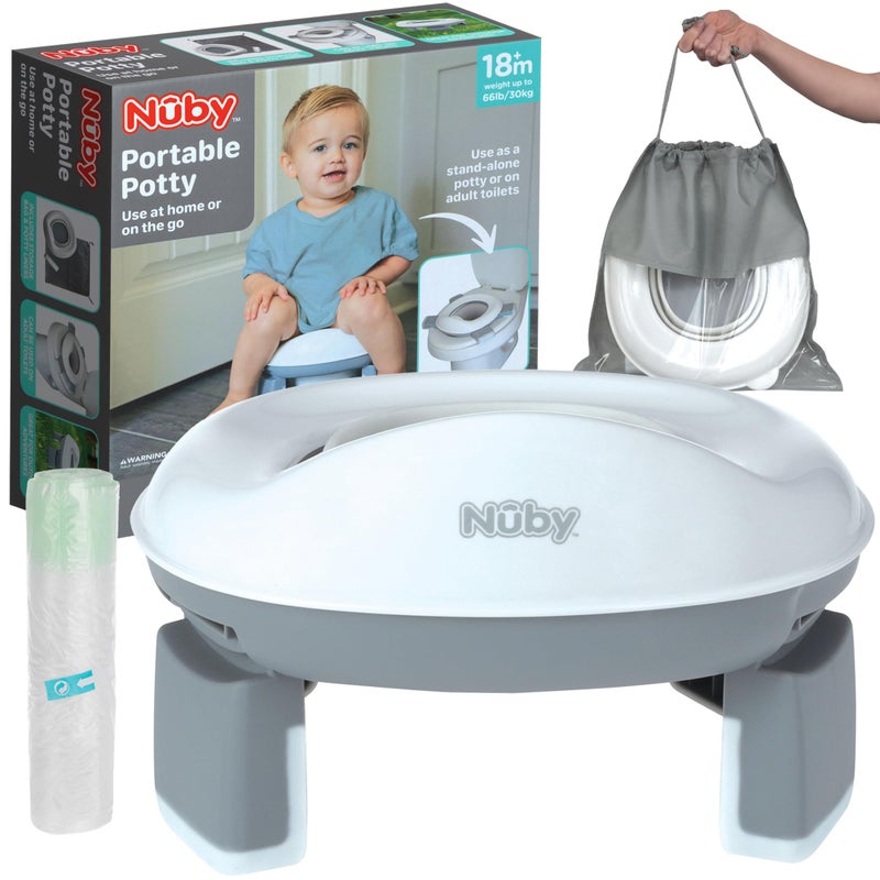 Nuby OnTheGo Portable Potty Seat Travel Toilet Seat for Boys and Girls 18 Months Includes Storage Bag and Disposable Potty Liners Toddler Travel Essentials Toddler Potty Training Toilet