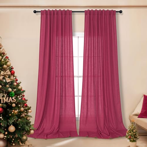 DANCURTON Hot Pink Curtains for Living Room 84 Inch Length 2 Panels Set Back Tab Pocket Semi Sheer Linen Boho Vibrant Bright Colored Girls Curtains for Bedroom Princess Decor Raspberry Fuchsia Magenta Red 52x84 - Image 1