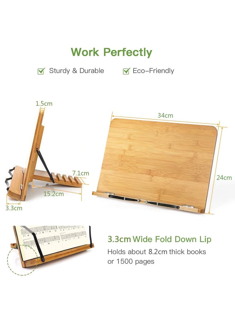HomarKet - Bamboo Book Stand, Adjustable Book Holder Tray and Page Paper Clips-Cookbook Reading Desk Portable Stable Hard-Wearing Lightweight Bookstand-Textbooks Books - Image 1