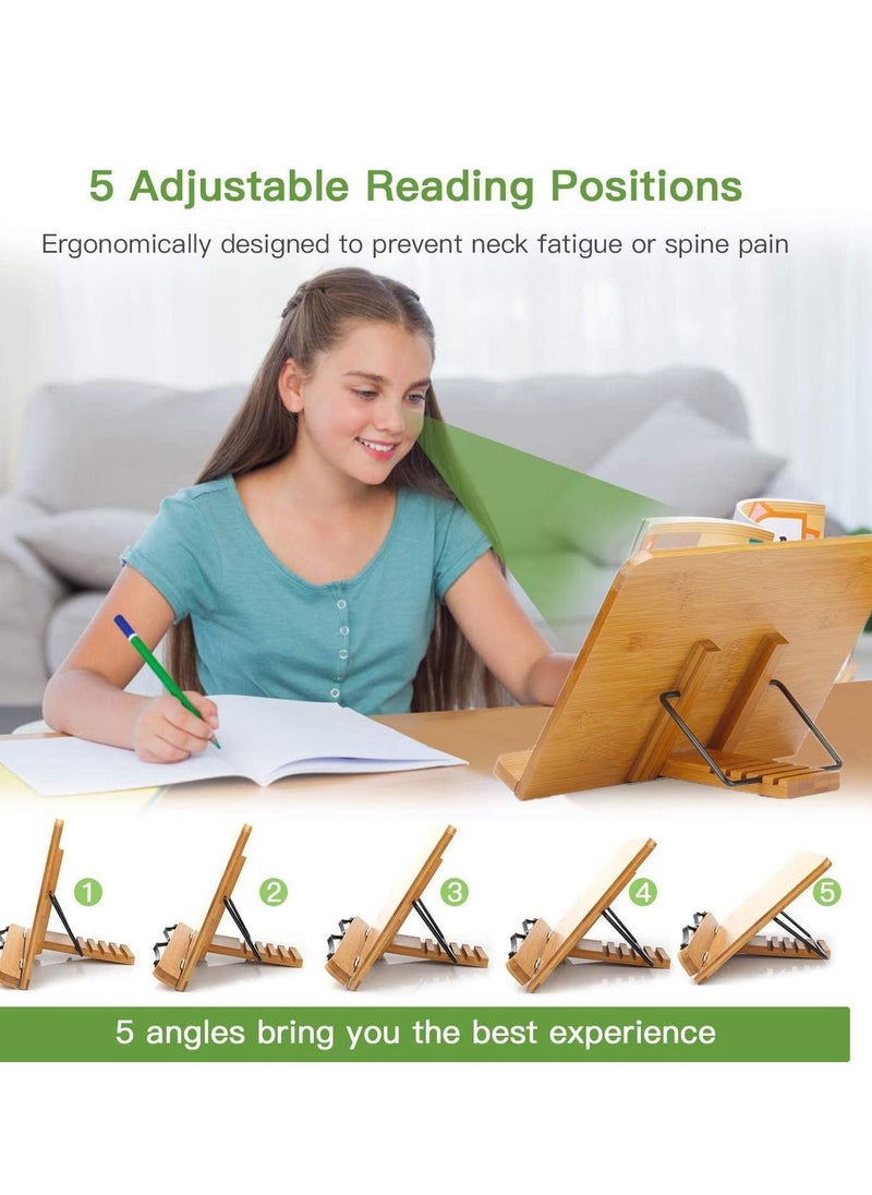 HomarKet - Bamboo Book Stand, Adjustable Book Holder Tray and Page Paper Clips-Cookbook Reading Desk Portable Stable Hard-Wearing Lightweight Bookstand-Textbooks Books - Image 1