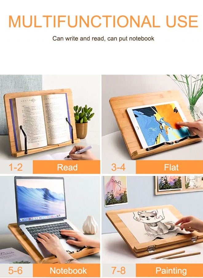 HomarKet - Bamboo Book Stand, Adjustable Book Holder Tray and Page Paper Clips-Cookbook Reading Desk Portable Stable Hard-Wearing Lightweight Bookstand-Textbooks Books - Image 1