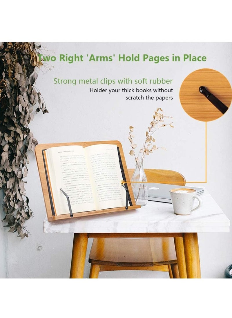 HomarKet - Bamboo Book Stand, Adjustable Book Holder Tray and Page Paper Clips-Cookbook Reading Desk Portable Stable Hard-Wearing Lightweight Bookstand-Textbooks Books - Image 1