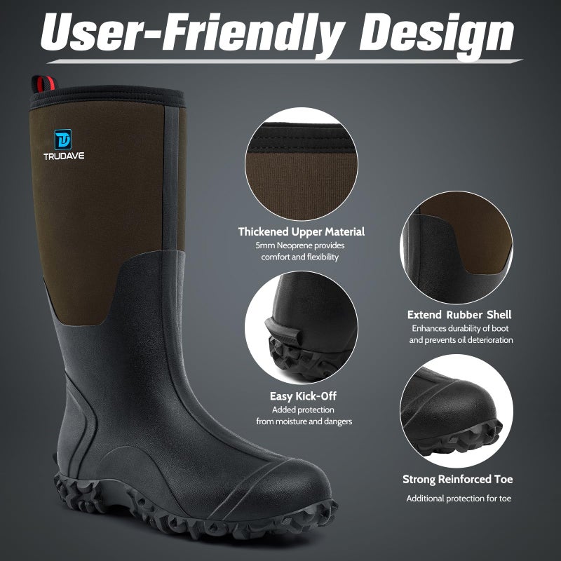 Trudave Rubber Boots for Men with Steel Shank, Waterproof Insulated Reliable Rain Boots for Outdoor Work Hunting, Warm Dry 5mm Neoprene Anti-slip All-Season Mud Boots, Size 5-14 - Image 4