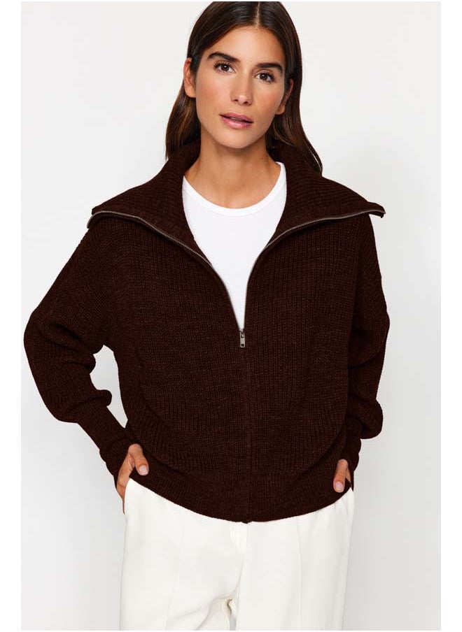 trendyol Dark Brown Wide Pattern Turn-down Collar Zippered Knitwear Cardigan TWOAW24HI00072  - Image 1