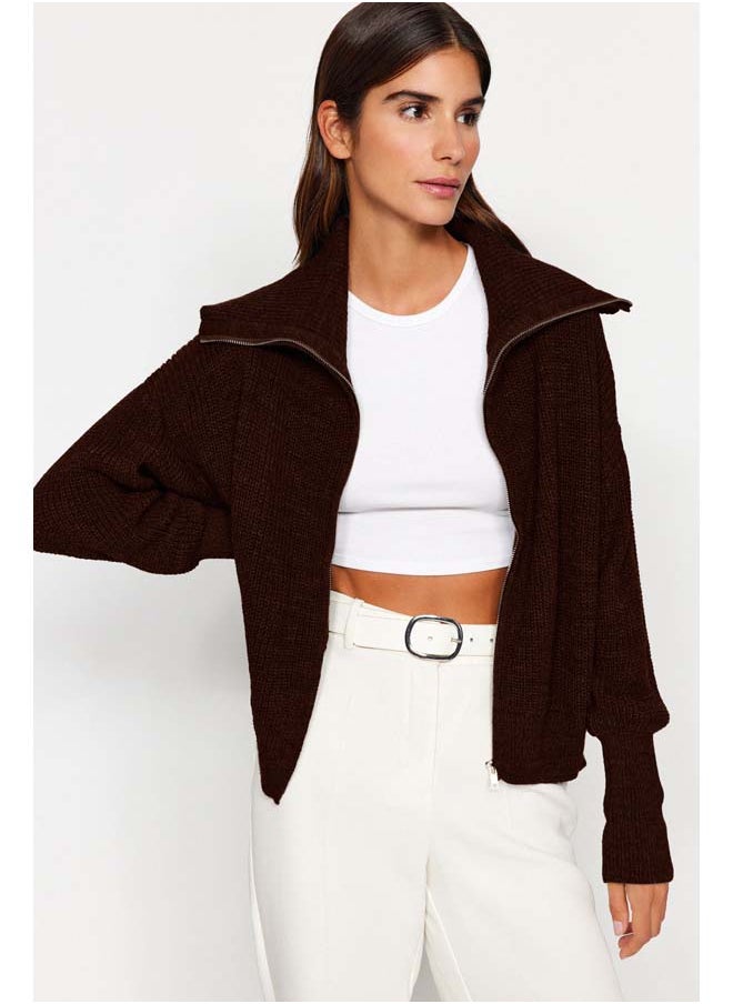 trendyol Dark Brown Wide Pattern Turn-down Collar Zippered Knitwear Cardigan TWOAW24HI00072  - Image 2